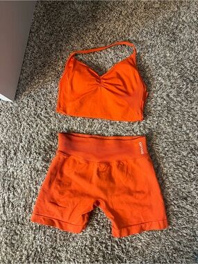 Orangish/red Dfyne Impact Active halter Top and High-Waist Bike Shorts Set